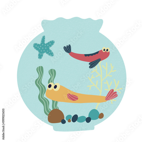 Blue aquarium with two fish, starfish and coral