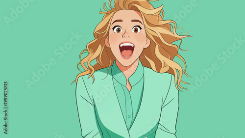 Surprised young woman with curly blonde hair reacting to news