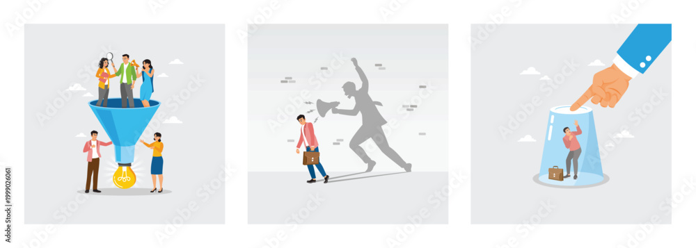 Naklejka premium Funnel With Light Bulb Outcome. Self shadow blame with megaphone. Hand holds glass to keep employee.