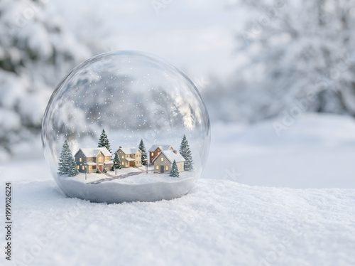 Glass Snow Globe on Snow with Residential Winter Landscape