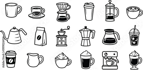 Collection of hand-drawn coffee shop icons featuring various brewing methods and beverages. 