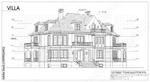 Detailed architectural drawing of a large villa house with multiple levels and balconies