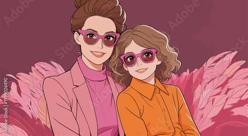 Stylish Mother and Daughter Portrait with Pink Sunglasses