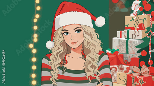 Cozy Christmas themed portrait of a curly blonde young woman