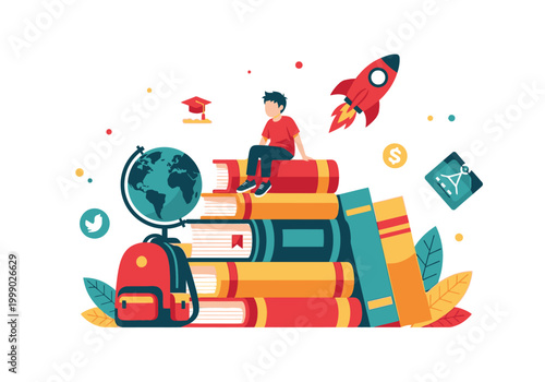 Creative education concept illustration of a young boy sitting on a stack of books with a globe and rocket, symbolizing learning, imagination, and future success.