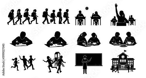 school children silhouettes on transparent background high quality