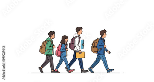 students walking with backpacks on transparent background