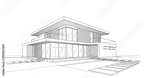 Modern Two-Story House with Flat Roof and Large Windows.