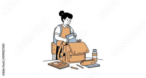 student organizing school supplies on transparent background