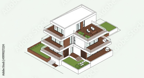 Modern Multi-Story Residential Building with Green Roofs.