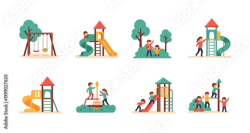 playground equipment and children playing on transparent background