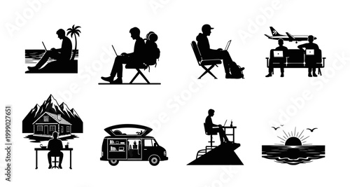 set of remote work silhouettes on transparent background