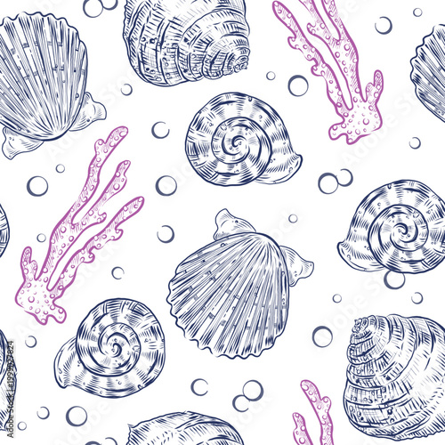 A seamless pattern with hand-drawn scallop and nautilus shells and coral. A marine graphic background with marine life elements. Illustration for textile, wallpaper, stationery, and paper design.