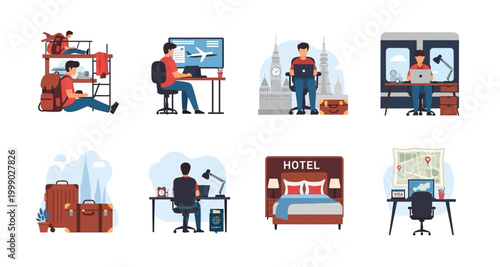 vector illustration of people working in various locations on transparent background