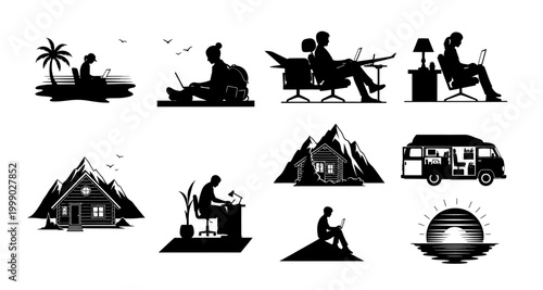set of people working in various locations silhouettes on transparent background