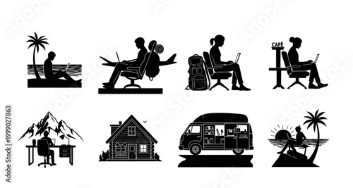 set of remote work silhouettes on transparent background