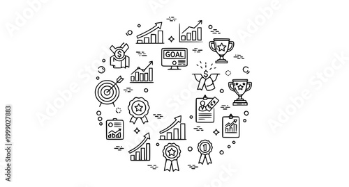 Growth success and achievement line icons in circular layout with business charts targets and trophy vector set