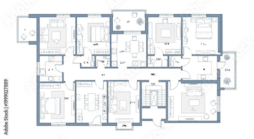 Detailed blueprint of a modern multiroom house floor plan with measurements