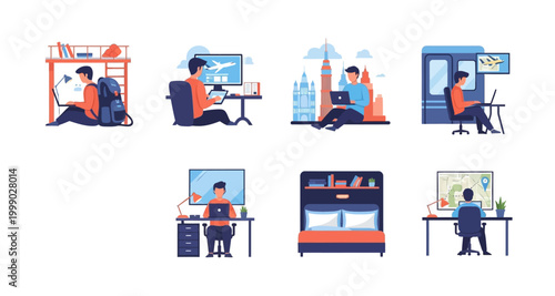 vector illustration of people working in various settings on transparent background