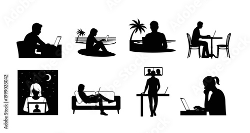 people working with laptops silhouettes on transparent background