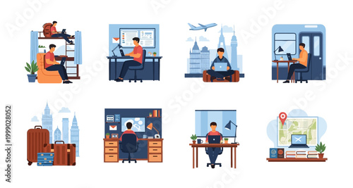 people working in various settings on transparent background