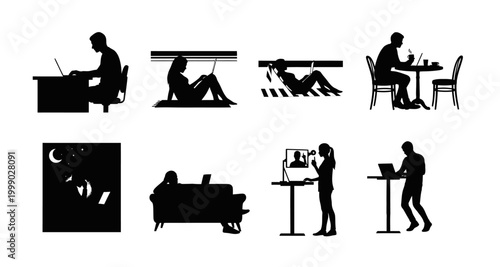 people working in various settings silhouettes on transparent background