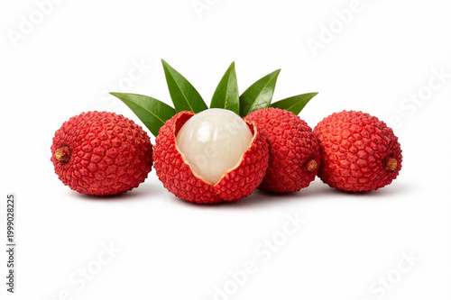 Fresh lychee fruits with peeled one showing juicy white flesh isolated display