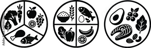 Icons representing healthy nutrition and balanced dieting concepts, specifically illustrating how to structure meals with macro nutrients like carbohydrates, proteins, and fats. 