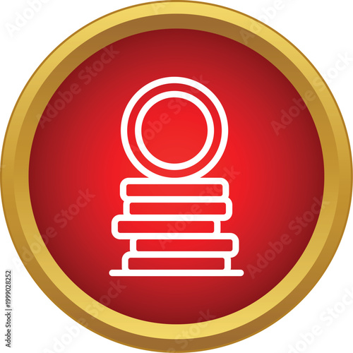 Stack of white outline coins inside a red circle with a golden border