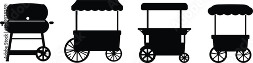 Set of black silhouette icons depicting various styles of street food carts and a barbecue grill. 