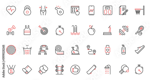 Sport exercises in gym, fitness workout red black thin line icons set vector illustration. Equipment for training strength and muscles of body, diet for weight loss, yoga mat, tennis and basketball.