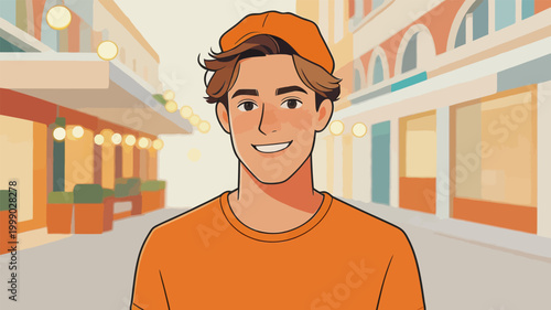 Smiling Young Man Standing on Retro Downtown Street