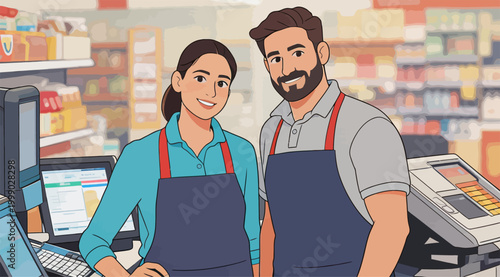 Two Smiling Grocery Store Employees Standing at Checkout Counter