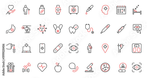 Healthy grocery food red black thin line icons set vector illustration. Fresh organic fruit and vegetables, water and tea with honey, yogurt farm milk, fish seafood and olive oil for cooking meals.