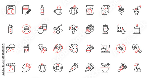 Medical diagnostics, healthcare red black thin line icons set vector illustration. Health support and help in hospital symbols and equipment for check organs, ambulance and clinic laboratory research.