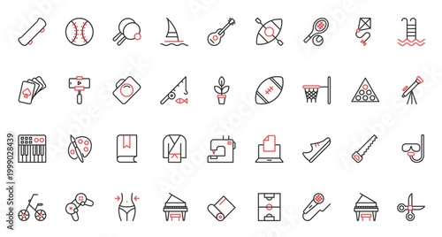 Hobby red black thin line icons set vector illustration. Weekend leisure and sport game symbols with music art and sport, reading and skateboarding, swimming and fishing, photography and vlogging.