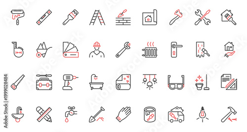 Home repair and decoration red black thin line icons set vector illustration. House renovation pictogram collection with wall paint roller, brush and hammer, level and drill tools for builders work.