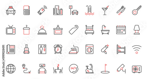 Bar and restaurant, reception and taxi for tourists with luggage, parking and laundry, room furniture for hostel and payment. Hotel service trendy red black thin line icons set vector illustration.