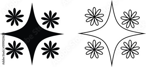 Minimalist black and white star spark and flower icons set for graphic design and y2k aesthetic