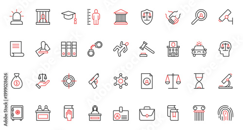 Documents for agreement and judgment, legal system badges and symbols, judge gavel and injunction, police station and prison. Law and justice trendy red black thin line icons set vector illustration.