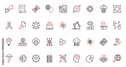 Intelligent machine with neural electronic system, innovation of artificial intelligence digital data support. AI, machine learning science trendy red black thin line icons set vector illustration.