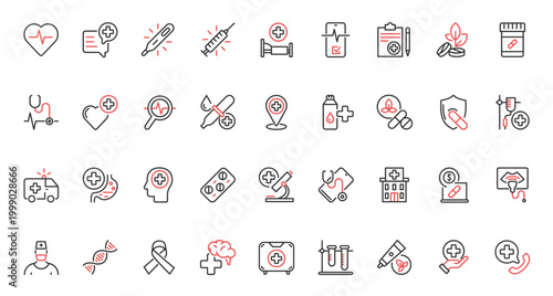 Hospital equipment, medical care and help by doctor, herbal drugs therapy, pills and vitamins prescription from pharmacy. Medicine, healthcare trendy red black thin line icons set vector illustration.