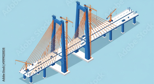 Modern Suspension Bridge with Tall Blue Towers and Cables.