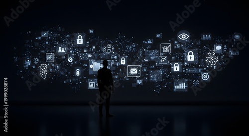 Silhouette of a person looking at a large wall of glowing digital icons and data visualizations
