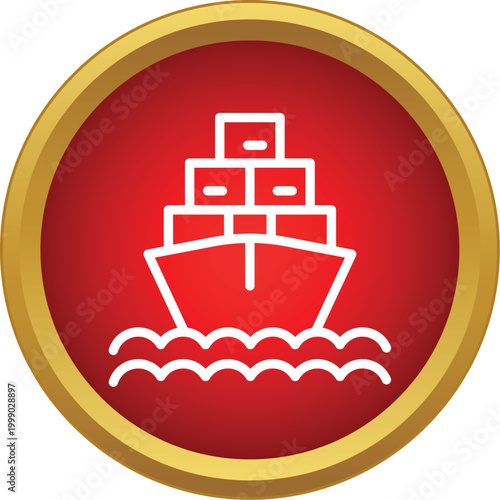 Cargo ship delivering containers on waves with a red and gold border