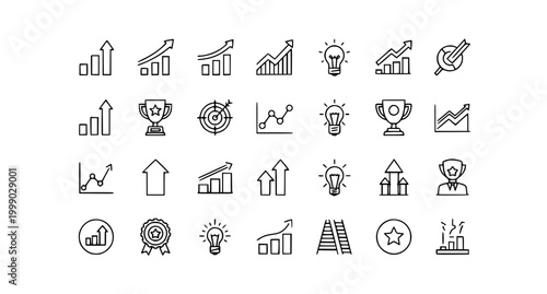 Growth and success line icon set with charts targets trophy and progress symbols editable stroke vector collection
