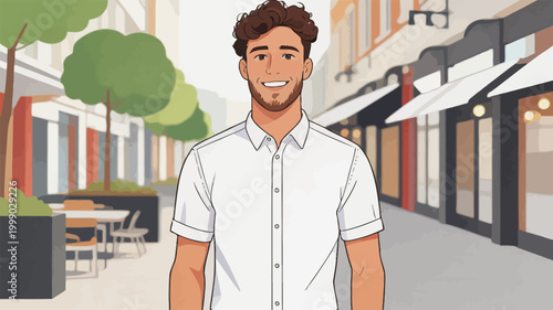 Smiling Young Man Standing on Urban Pedestrian Street