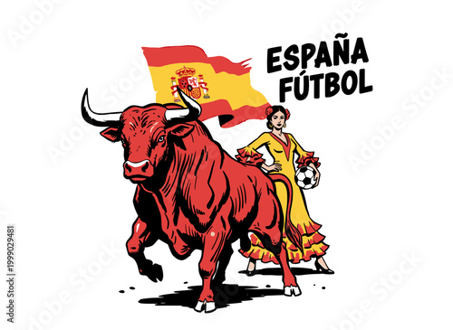 фотографія Powerful red bull and flamenco woman with soccer ball and Spanish flag, Espana f
