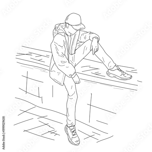 A guy in a cap is sitting on a concrete parapet. Vector illustration. The drawing is hand-drawn, isolated on a white background
