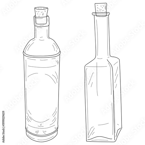 Glass bottles and vials for various drinks and oils. Vector illustration. A set of tableware drawings, hand-drawn sketches, isolated on a white background